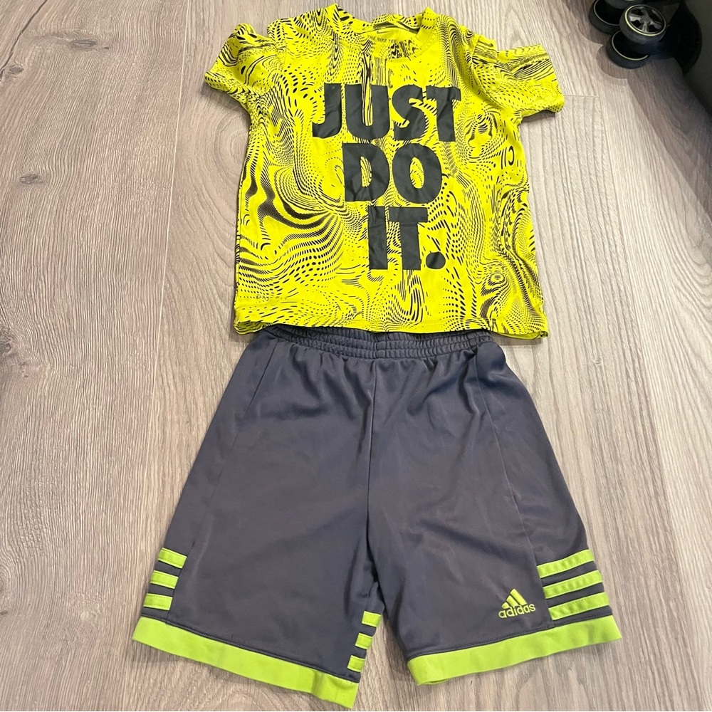 Nike 'Just Do It.' Yellow Graphic Tee & Adidas Gray/Neon Green Shorts Set